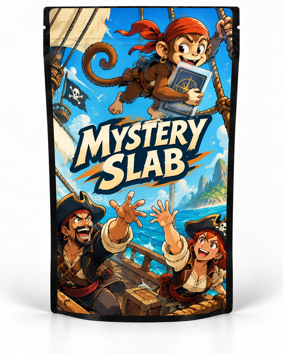 Pirate Monkey mystery slab bag mock-up on a black pouch, featuring a mischievous pirate monkey carrying a graded card above an excited pirate crew on a sunlit ship deck