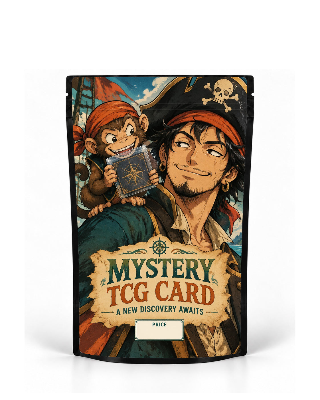 Pirate Monkey mystery TCG card bag mock-up on a black pouch, featuring a pirate captain with a mischievous monkey holding a mystery card on his shoulder, styled with parchment lettering and a weathered adventure palette