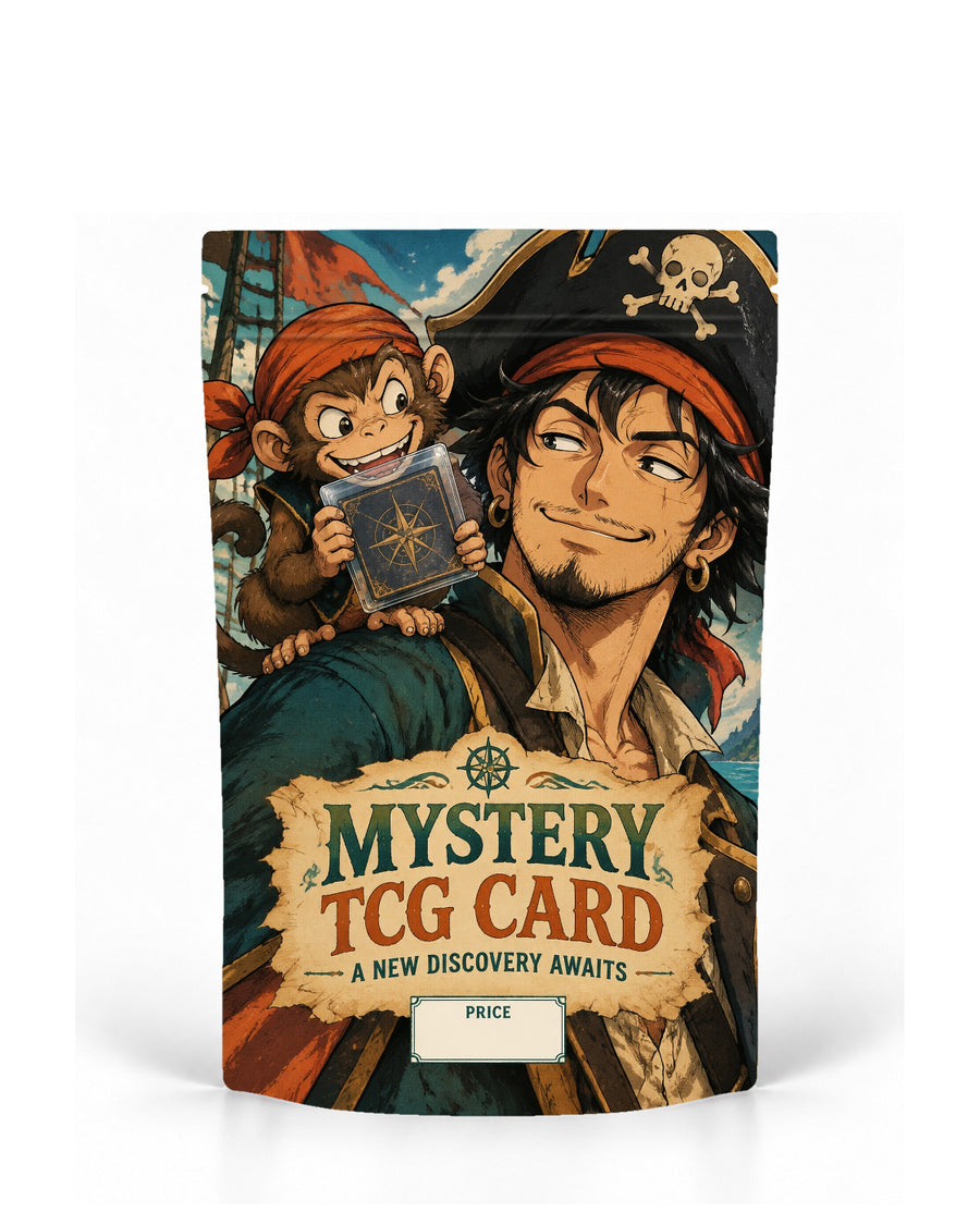 Pirate Monkey direct-printed mystery TCG card bag mock-up featuring a pirate captain with a mischievous monkey holding a mystery card on his shoulder, styled with parchment lettering and a weathered adventure palette