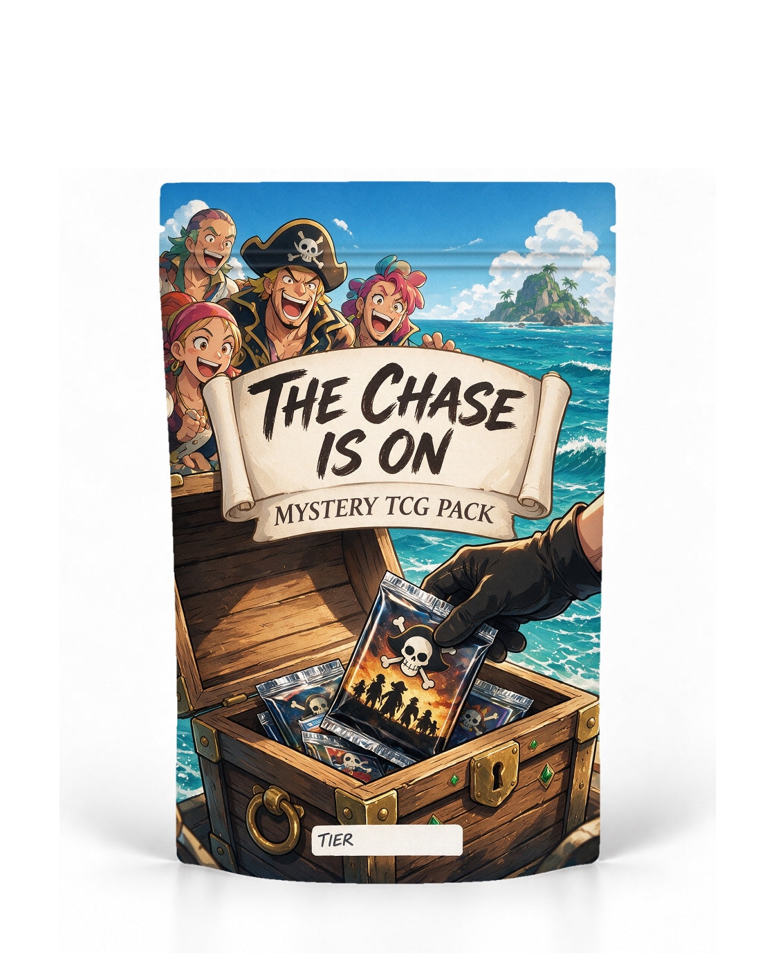 Pirate Treasure direct-printed mystery TCG pack bag mock-up featuring a lively pirate crew celebrating beside a treasure chest packed with mystery TCG packs as a gloved hand lifts one from the chest