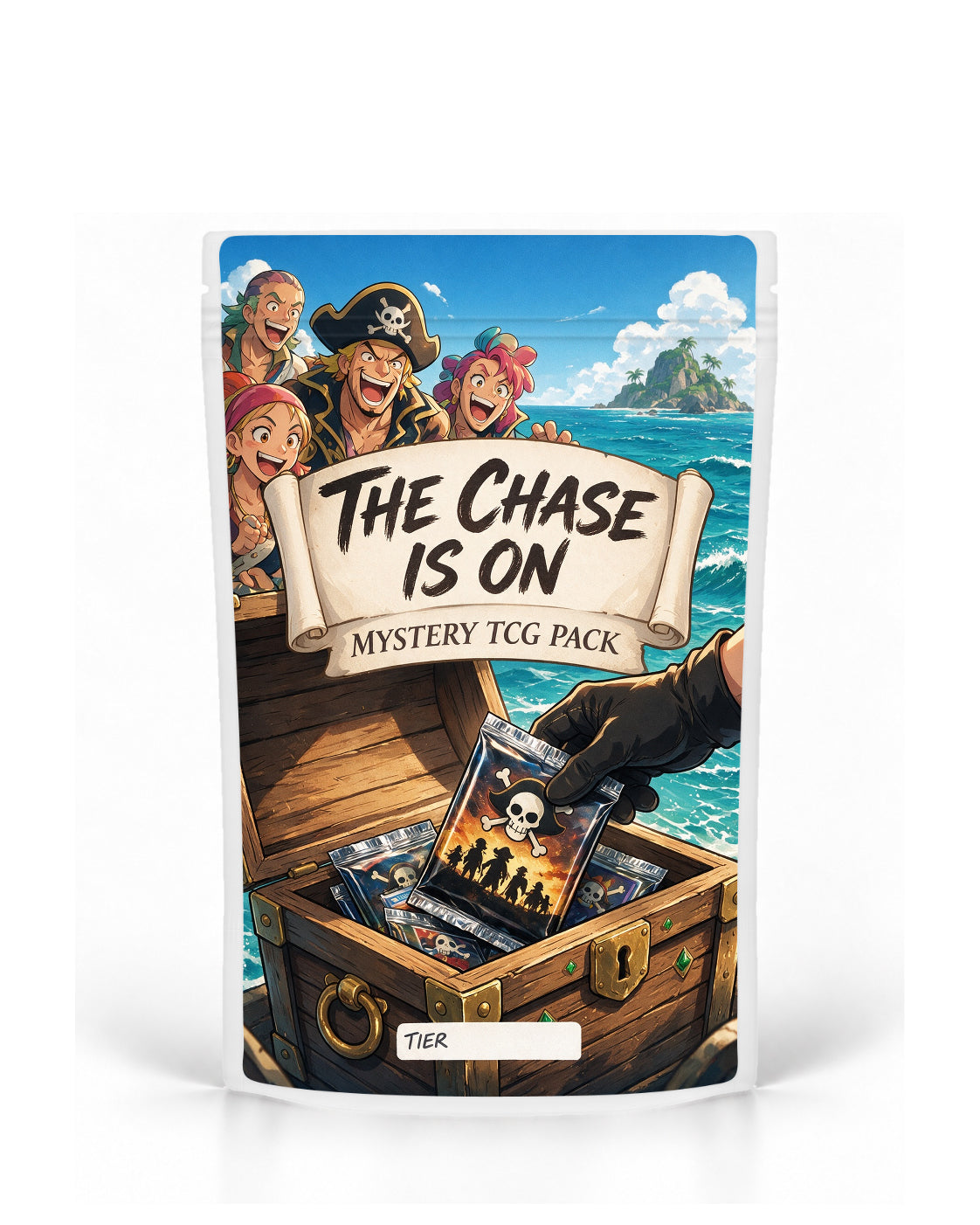 Pirate Treasure mystery TCG pack bag mock-up on a white pouch, featuring a lively pirate crew celebrating beside a treasure chest packed with mystery TCG packs as a gloved hand lifts one from the chest