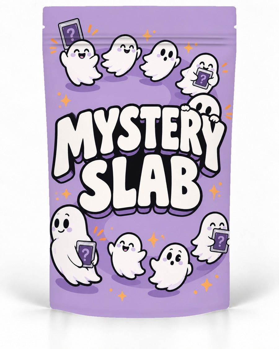 Purple Cartoon Ghosts direct-printed Mystery Slab bag for TCG graded-card packaging