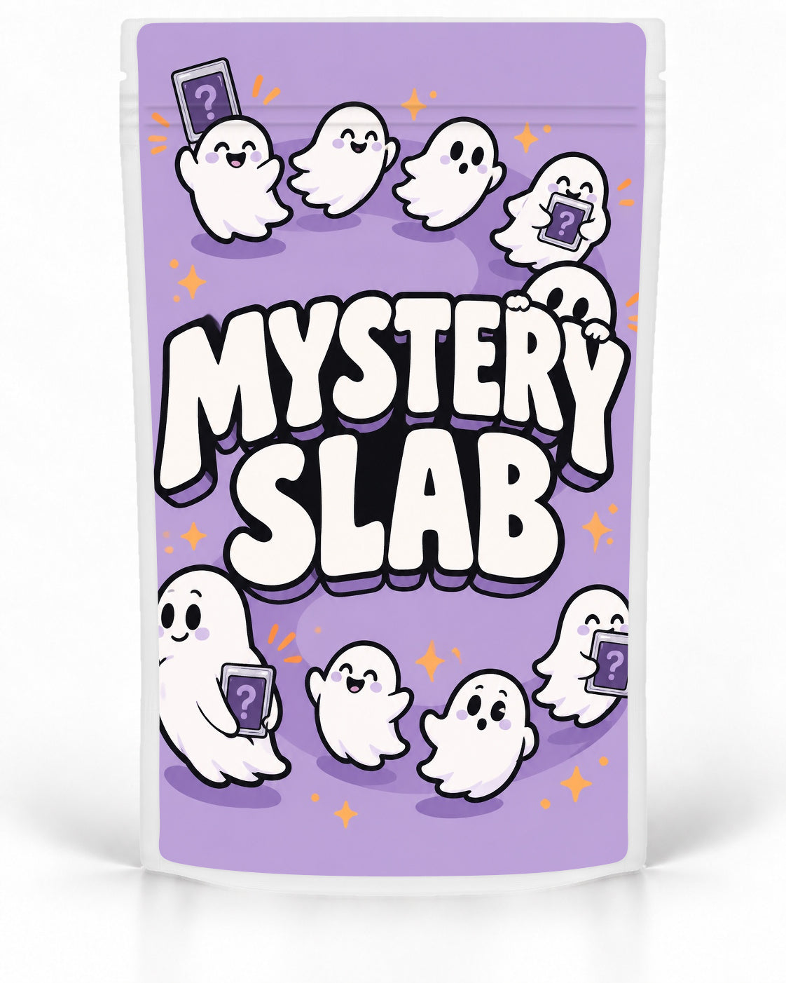 Purple Cartoon Ghosts labelled Mystery Slab bag for TCG graded-card packaging