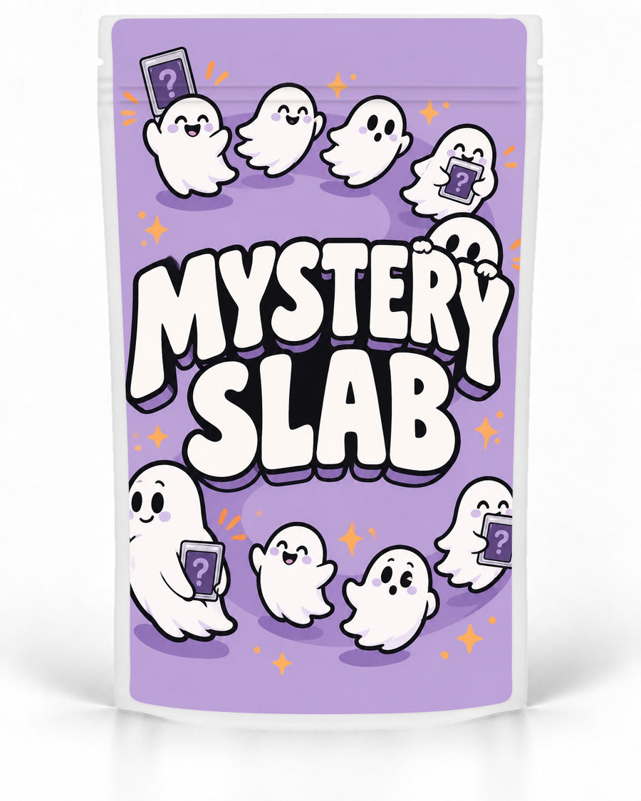 Purple Cartoon Ghosts labelled Mystery Slab bag for TCG graded-card packaging