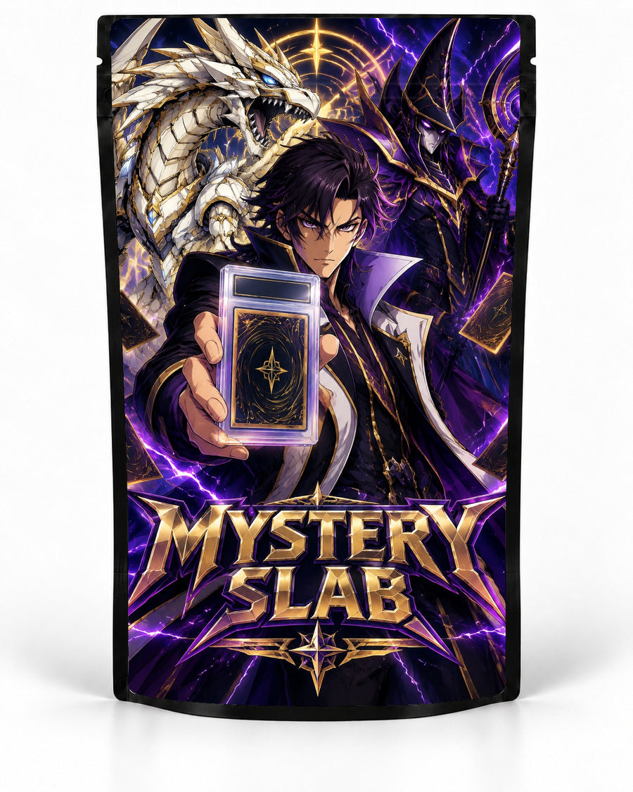 Purple Gold Duelist labelled Mystery Slab bag for TCG graded-card packaging