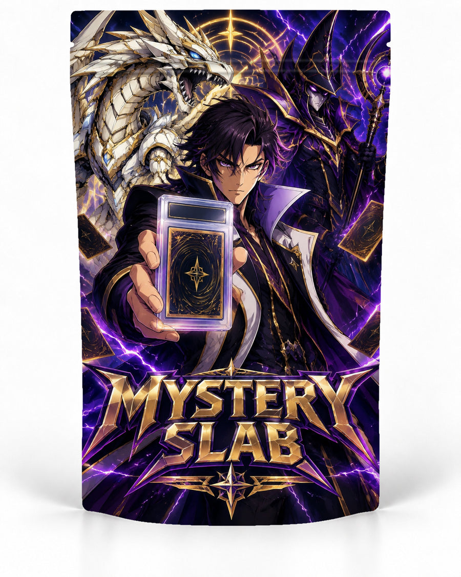 Purple Gold Duelist direct-printed Mystery Slab bag for TCG graded-card packaging