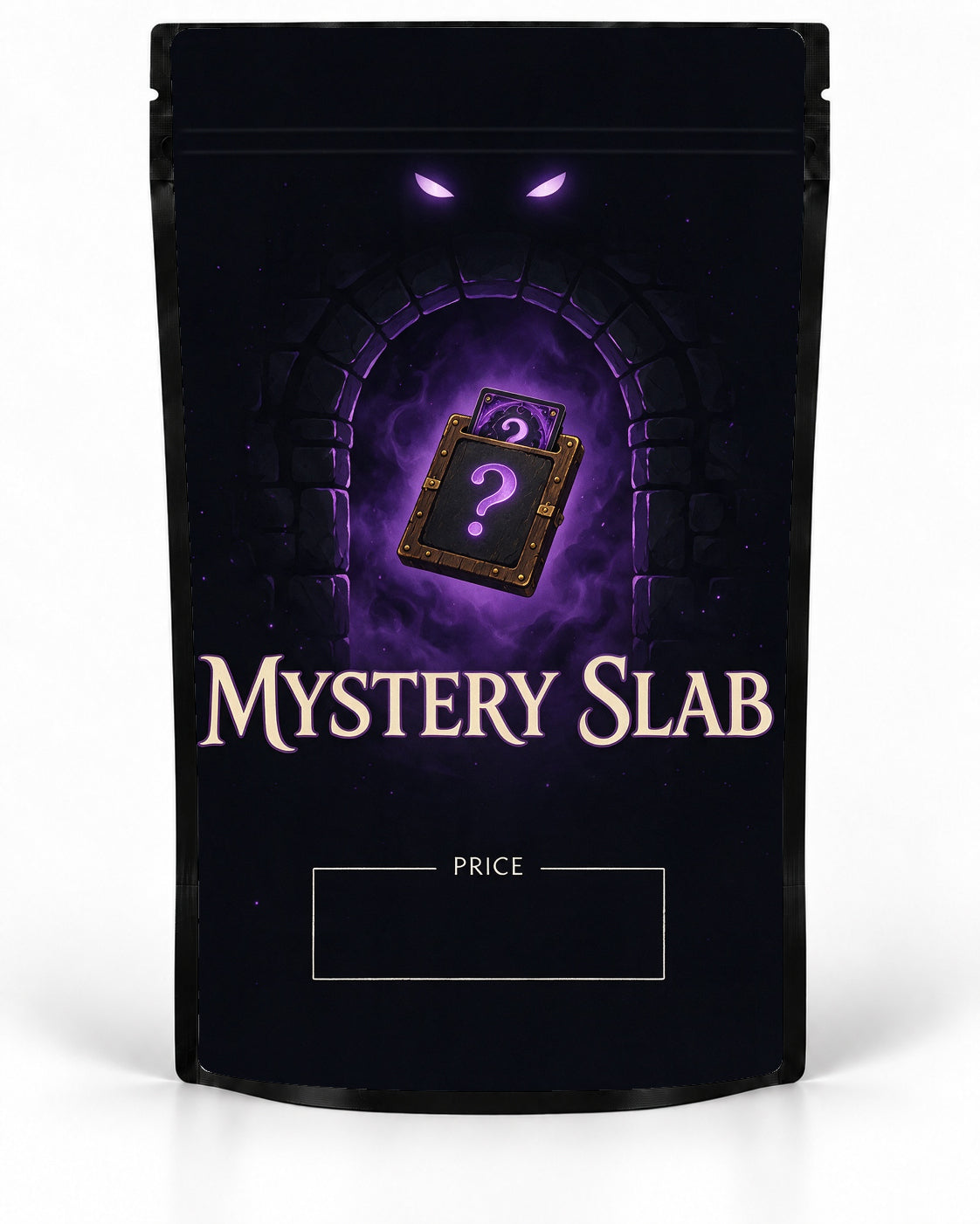 Purple Portal labelled Mystery Slab bag for TCG graded-card packaging