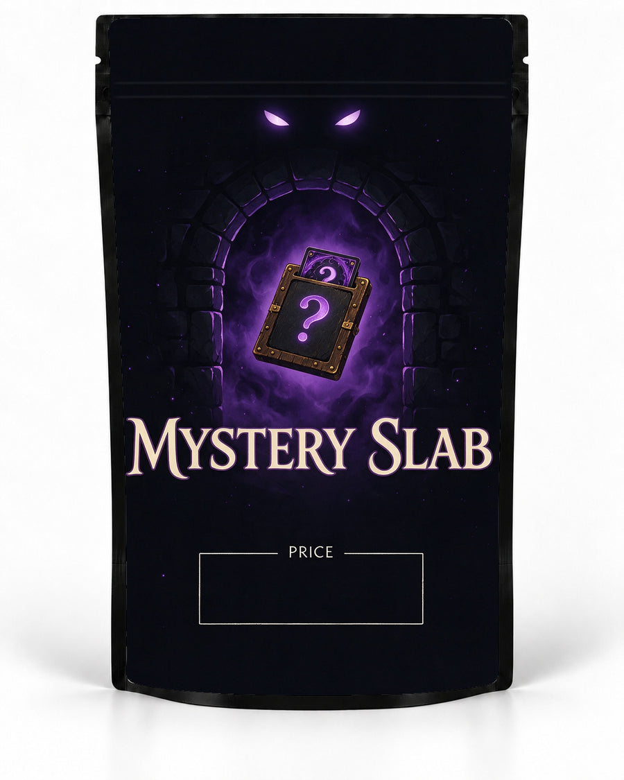 Purple Portal labelled Mystery Slab bag for TCG graded-card packaging