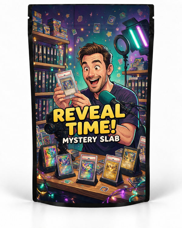 Reveal Time mystery slab bag mock-up on a black pouch, featuring an excited male content creator revealing a graded card at a camera-and-microphone setup surrounded by slab displays, binders and colourful studio lights