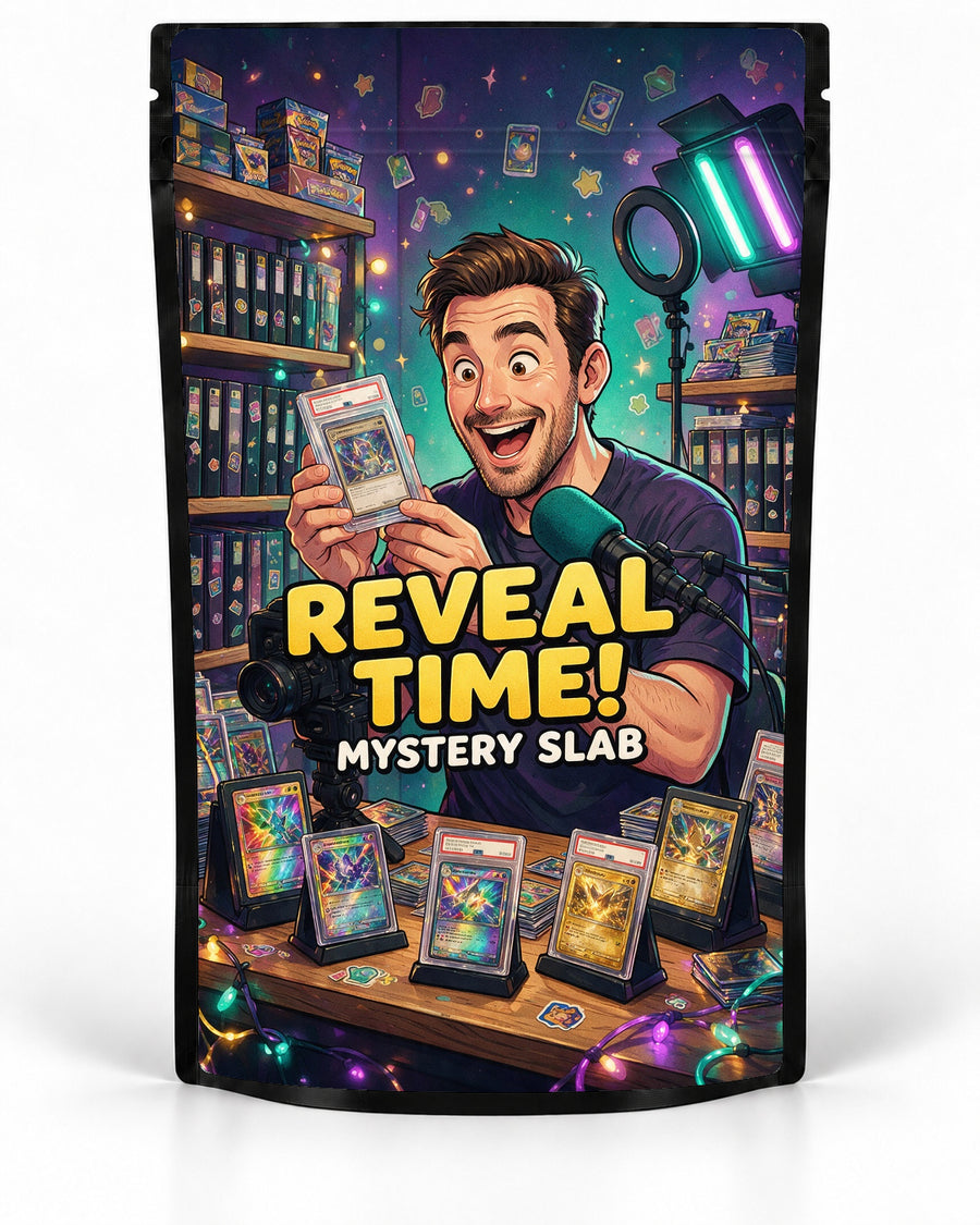 Reveal Time mystery slab bag mock-up on a black pouch, featuring an excited male content creator revealing a graded card at a camera-and-microphone setup surrounded by slab displays, binders and colourful studio lights