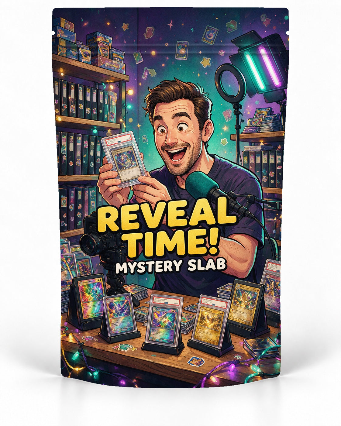 Reveal Time direct-printed mystery slab bag mock-up featuring an excited male content creator revealing a graded card at a camera-and-microphone setup surrounded by slab displays, binders and colourful studio lights