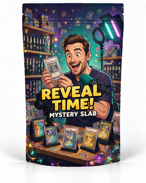 Reveal Time direct-printed mystery slab bag mock-up featuring an excited male content creator revealing a graded card at a camera-and-microphone setup surrounded by slab displays, binders and colourful studio lights