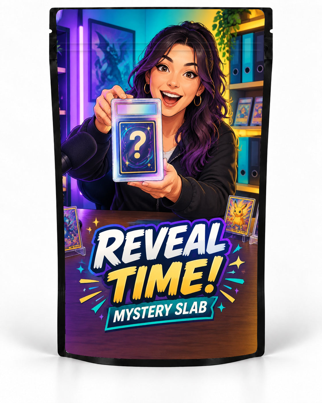 Reveal Time Woman mystery slab bag mock-up on a black pouch, featuring a smiling female content creator holding up a mystery slab at a desk with a microphone, display cards and vibrant purple, teal and yellow studio lighting