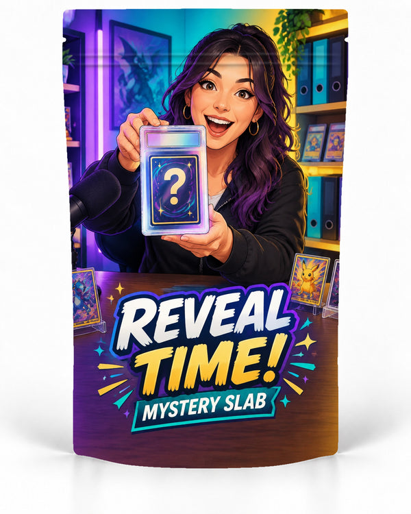 Reveal Time Woman direct-printed mystery slab bag mock-up featuring a smiling female content creator holding up a mystery slab at a desk with a microphone, display cards and vibrant purple, teal and yellow studio lighting