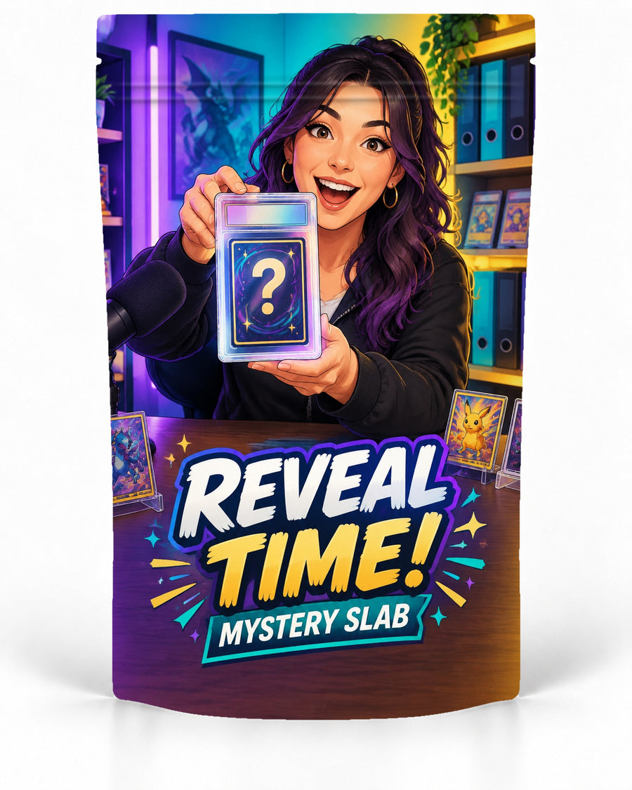 Reveal Time Woman direct-printed mystery slab bag mock-up featuring a smiling female content creator holding up a mystery slab at a desk with a microphone, display cards and vibrant purple, teal and yellow studio lighting