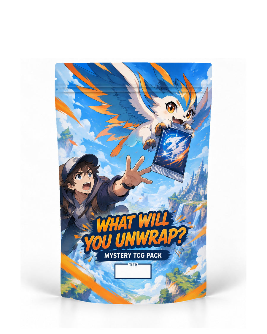 Sky Adventure direct-printed mystery TCG pack bag mock-up featuring a young adventurer reaching for a mystery pack carried through the sky by a white, blue and orange winged creature above floating cliffs and waterfalls