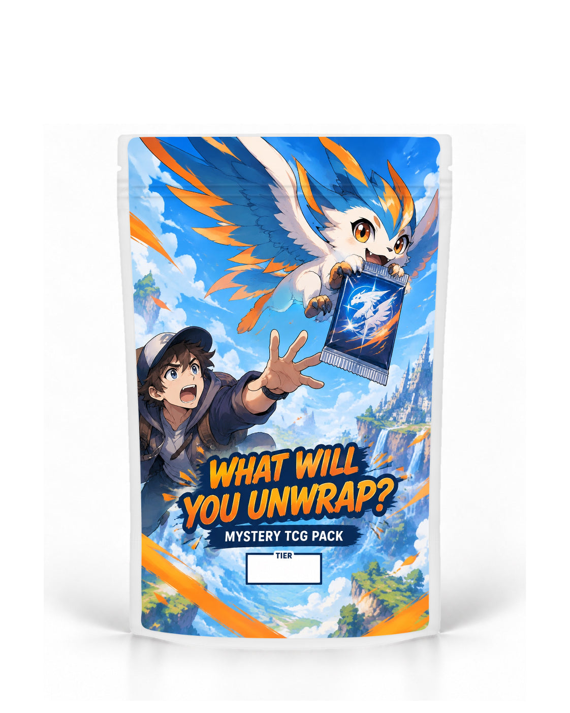 Sky Adventure mystery TCG pack bag mock-up on a white pouch, featuring a young adventurer reaching for a mystery pack carried through the sky by a white, blue and orange winged creature above floating cliffs and waterfalls
