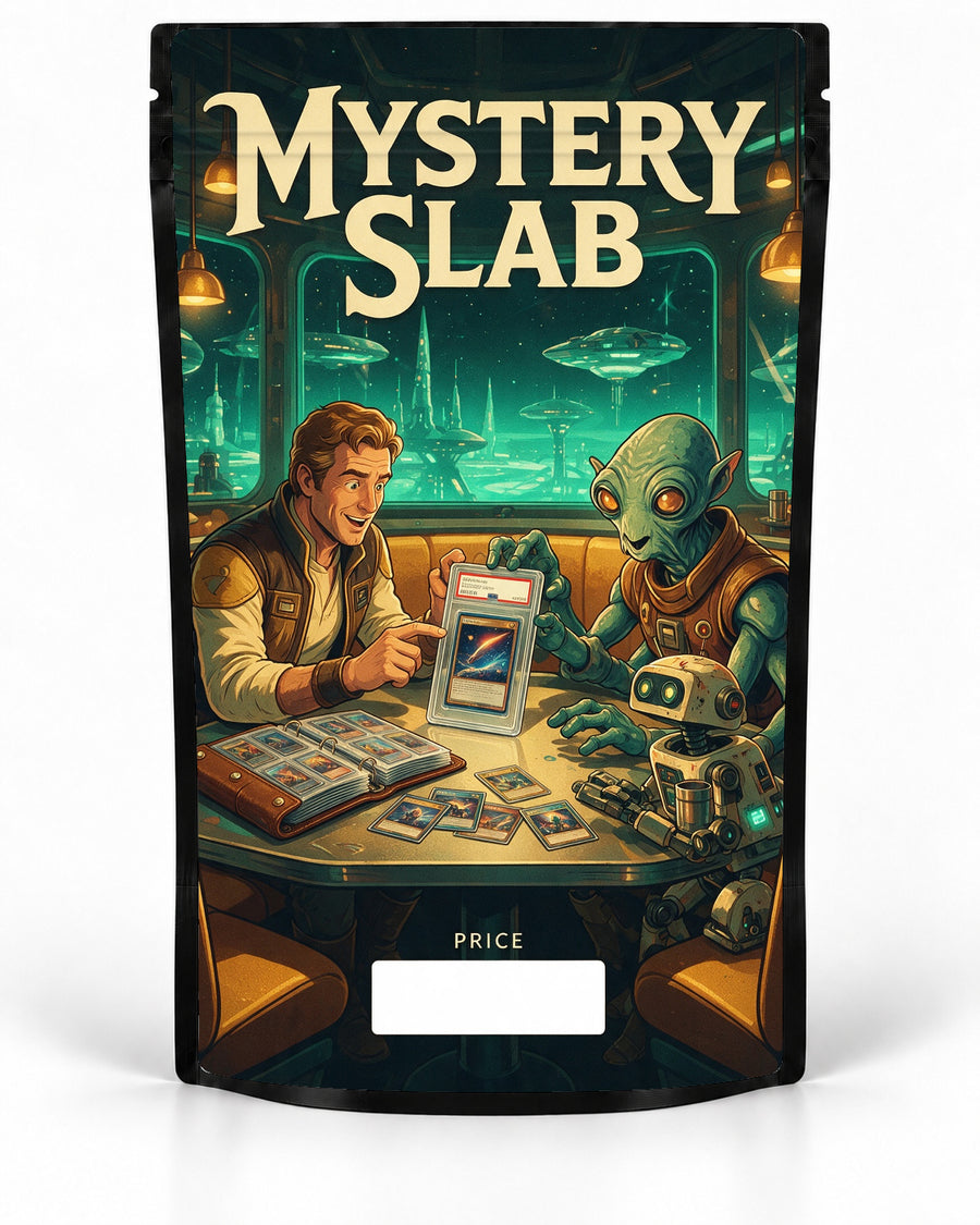 Space Cafe mystery slab bag mock-up on a black pouch, featuring a human collector trading cards with a green alien and a small service robot at a glowing sci-fi café table, with binders and a graded card on display