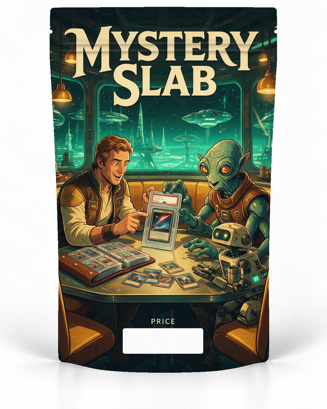 Space Cafe direct-printed mystery slab bag mock-up featuring a human collector trading cards with a green alien and a small service robot at a glowing sci-fi café table, with binders and a graded card on display