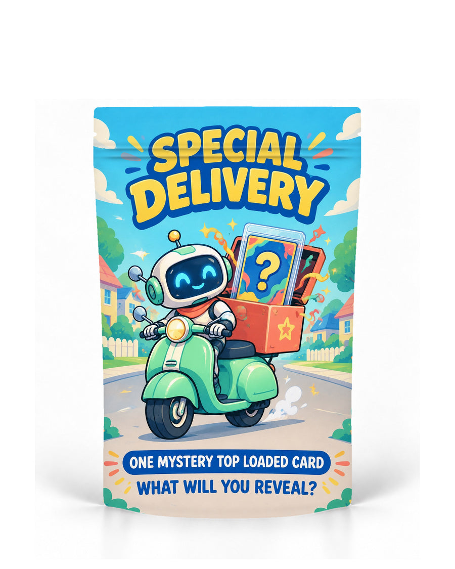 Special Delivery direct-printed mystery card bag by POP 1 Prints, showing a robot courier on a mint-green scooter