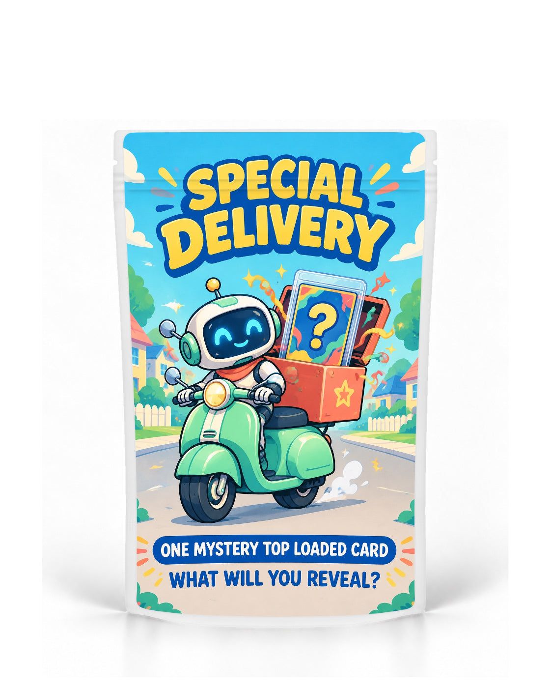 Special Delivery white labelled mystery card bag by POP 1 Prints, showing a robot courier on a mint-green scooter