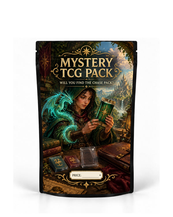 Spectral Dragon mystery TCG pack bag mock-up on a black pouch, featuring a hooded fantasy collector examining a green mystery pack while a glowing turquoise spectral dragon curls around her in a book-filled study