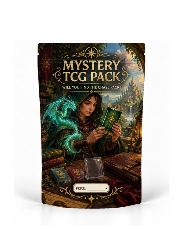 Spectral Dragon direct-printed mystery TCG pack bag mock-up featuring a hooded fantasy collector examining a green mystery pack while a glowing turquoise spectral dragon curls around her in a book-filled study