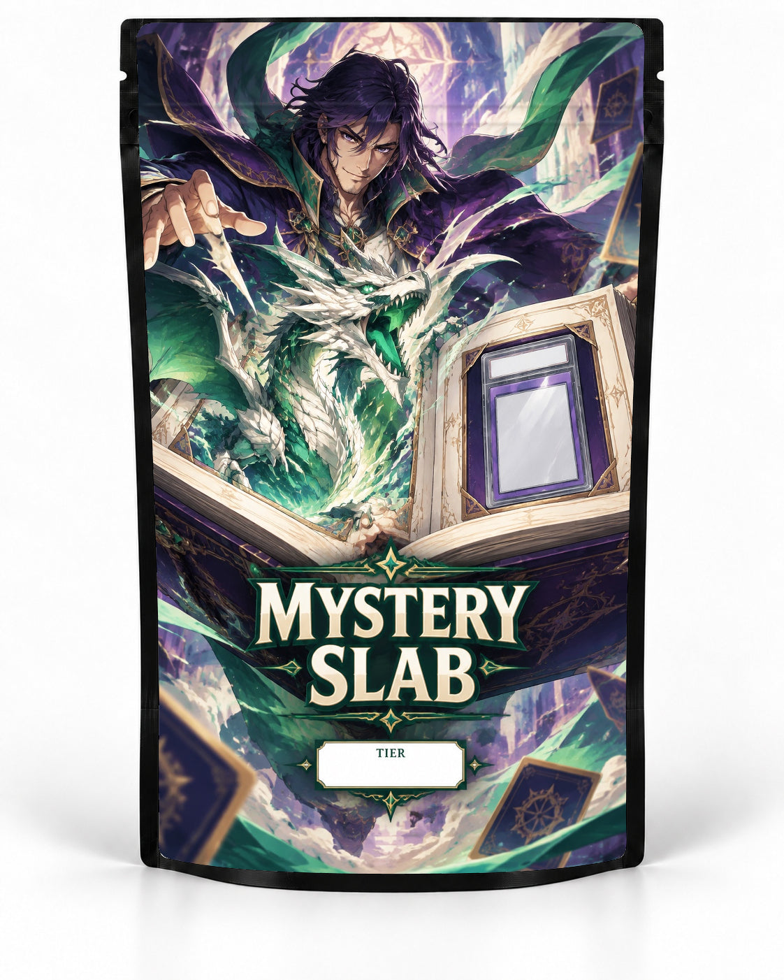 Spellbook Dragon mystery slab bag mock-up on a black pouch, featuring a purple-haired sorcerer summoning a white-and-emerald dragon from an open spellbook, with a graded card framed inside the magical pages
