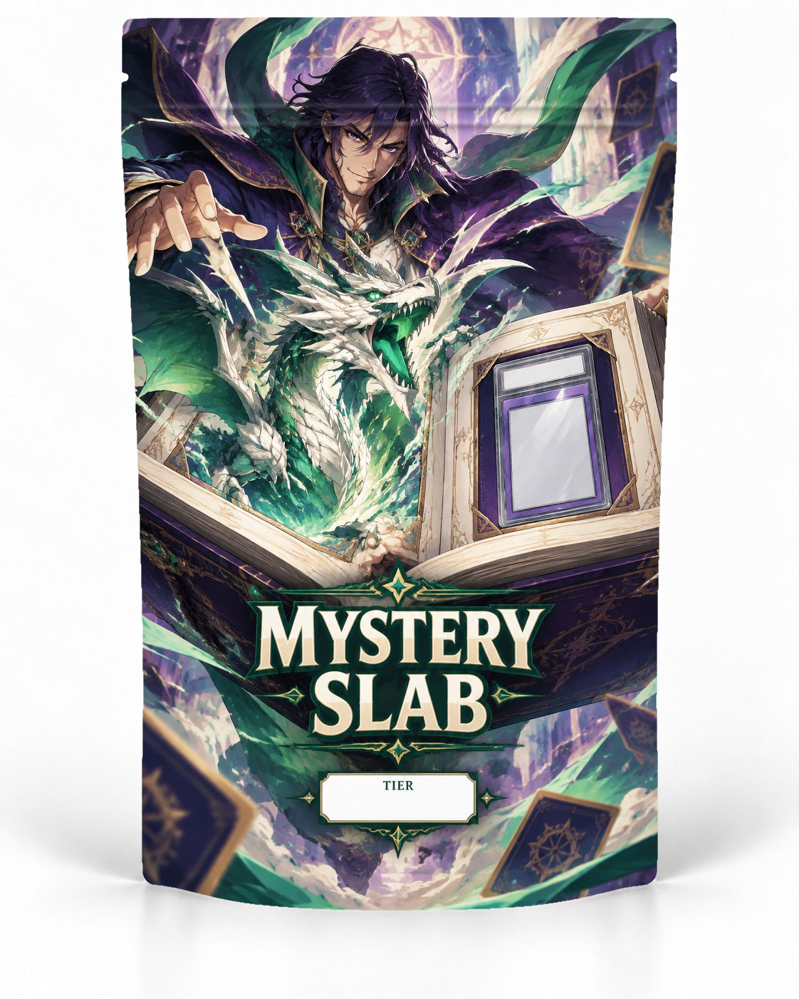 Spellbook Dragon direct-printed mystery slab bag mock-up featuring a purple-haired sorcerer summoning a white-and-emerald dragon from an open spellbook, with a graded card framed inside the magical pages