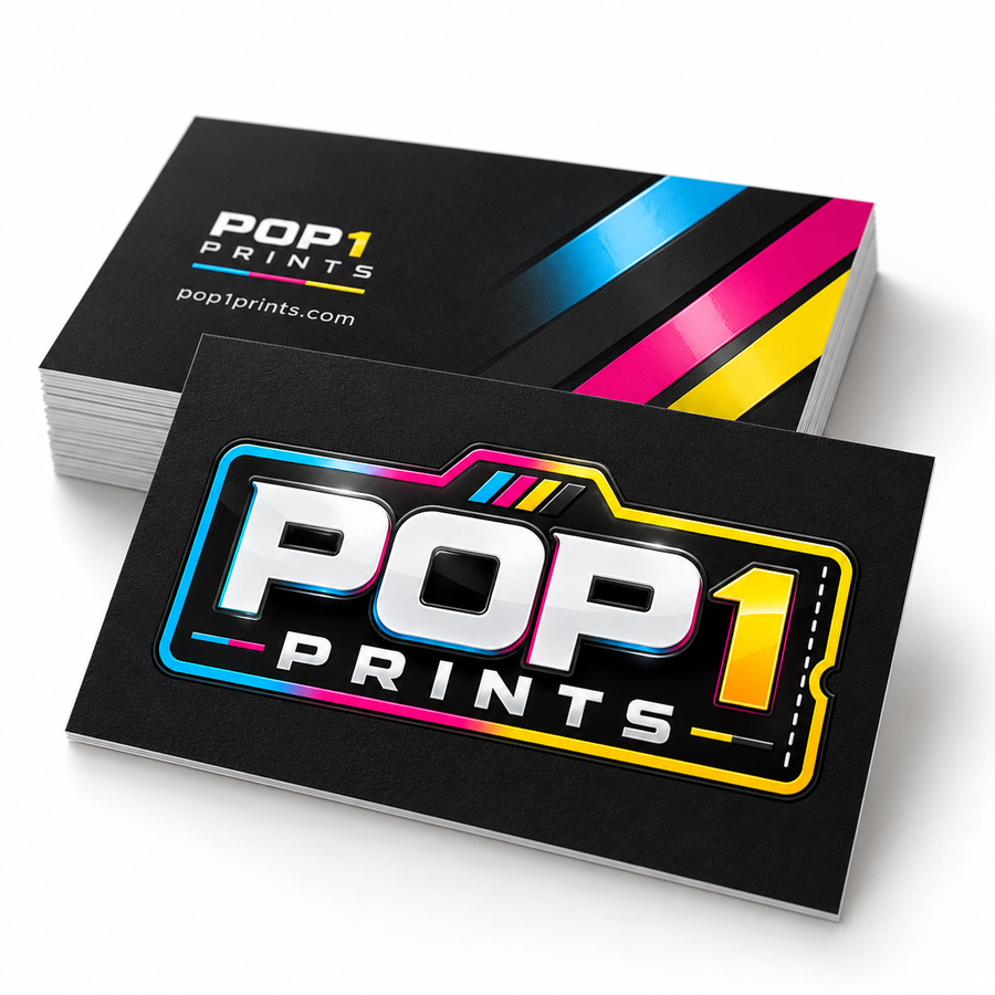 POP1 Prints straight-cut matt business cards with raised Spot UV gloss on a white studio background