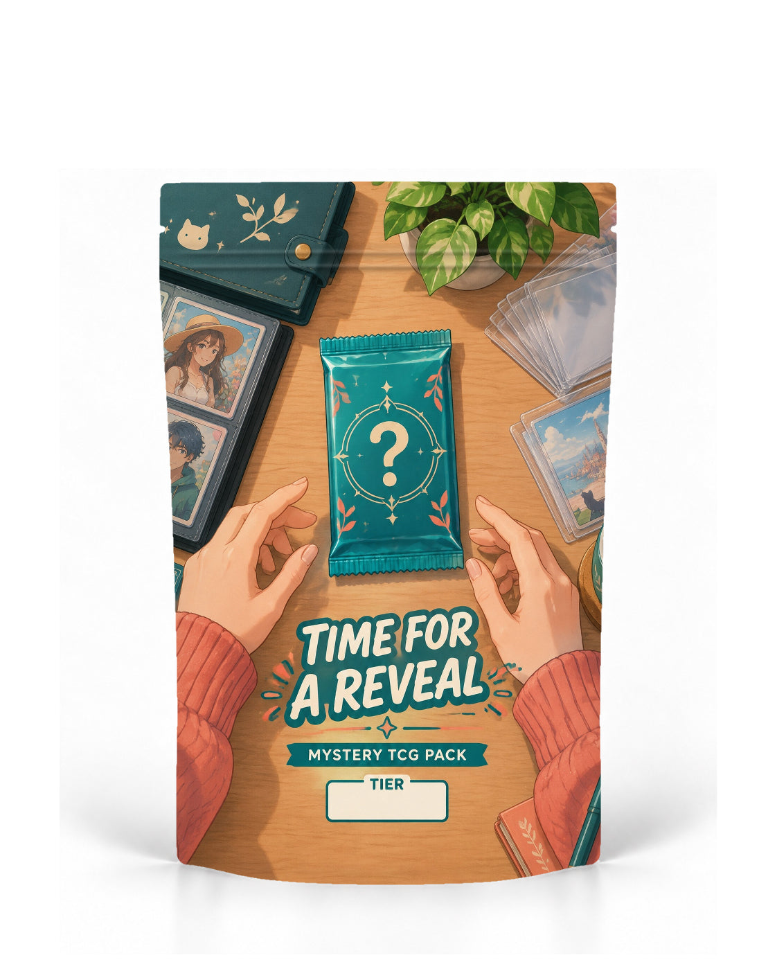 Tabletop Reveal direct-printed mystery TCG pack bag mock-up featuring a top-down collector desk with hands poised to open a teal mystery pack, surrounded by a binder, card holders, stationery and a leafy plant