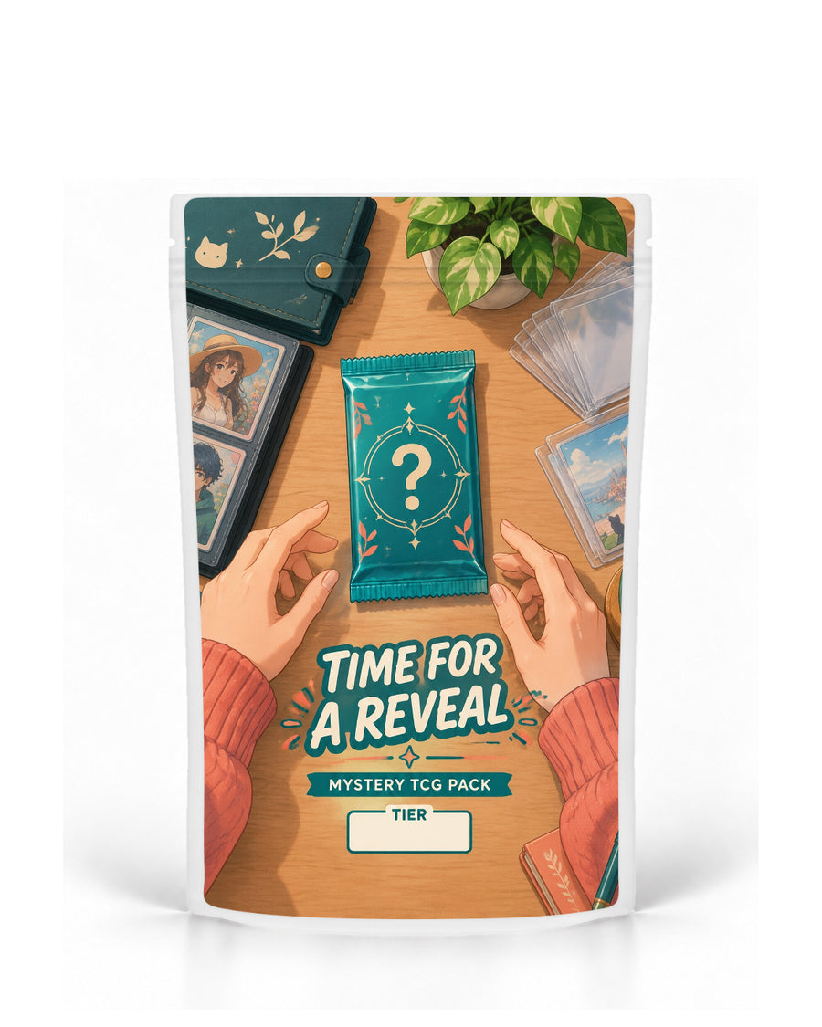Tabletop Reveal mystery TCG pack bag mock-up on a white pouch, featuring a top-down collector desk with hands poised to open a teal mystery pack, surrounded by a binder, card holders, stationery and a leafy plant