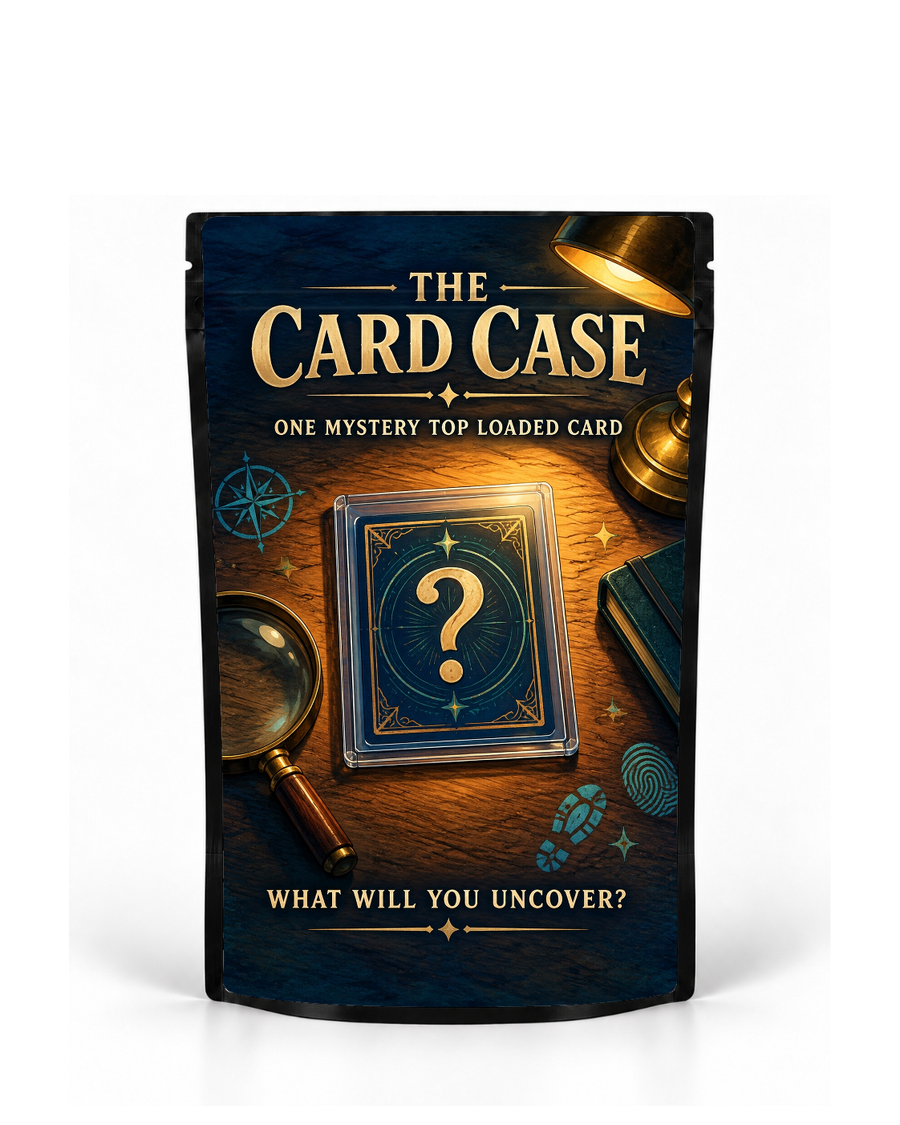 The Card Case black labelled mystery card bag by POP 1 Prints, showing a gold question-mark card on a detective's desk