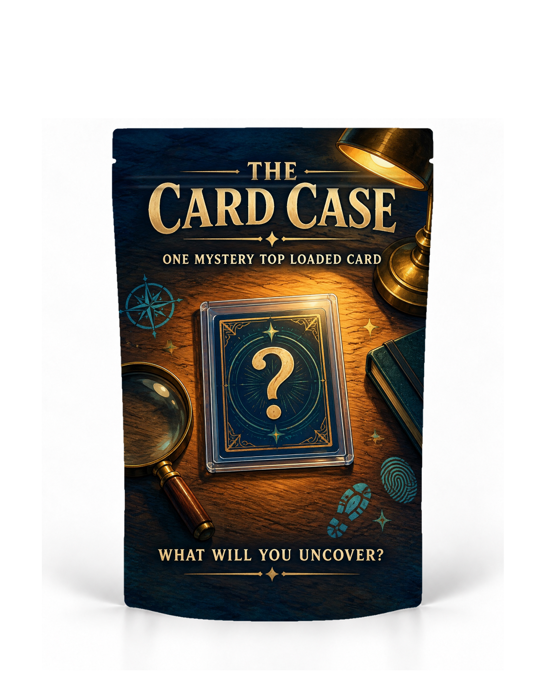 The Card Case direct-printed mystery card bag by POP 1 Prints, showing a gold question-mark card on a detective's desk