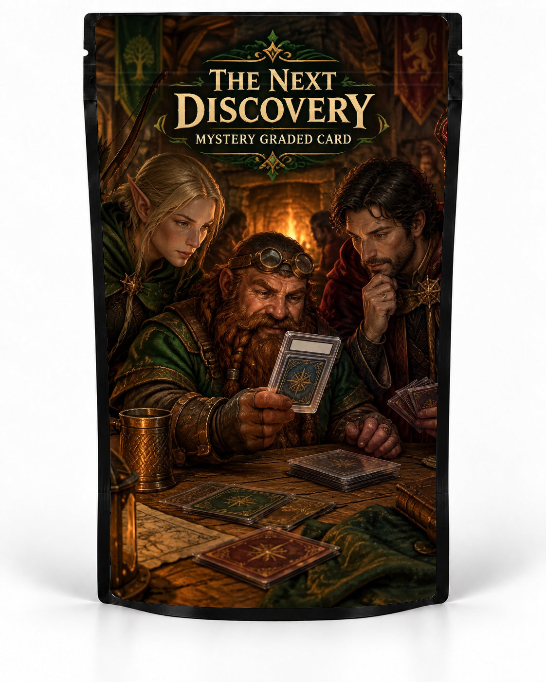 The Next Discovery mystery slab bag mock-up on a black pouch, featuring an elf, dwarf and human adventurer studying a graded card together at a candlelit fantasy tavern table covered with cards and maps