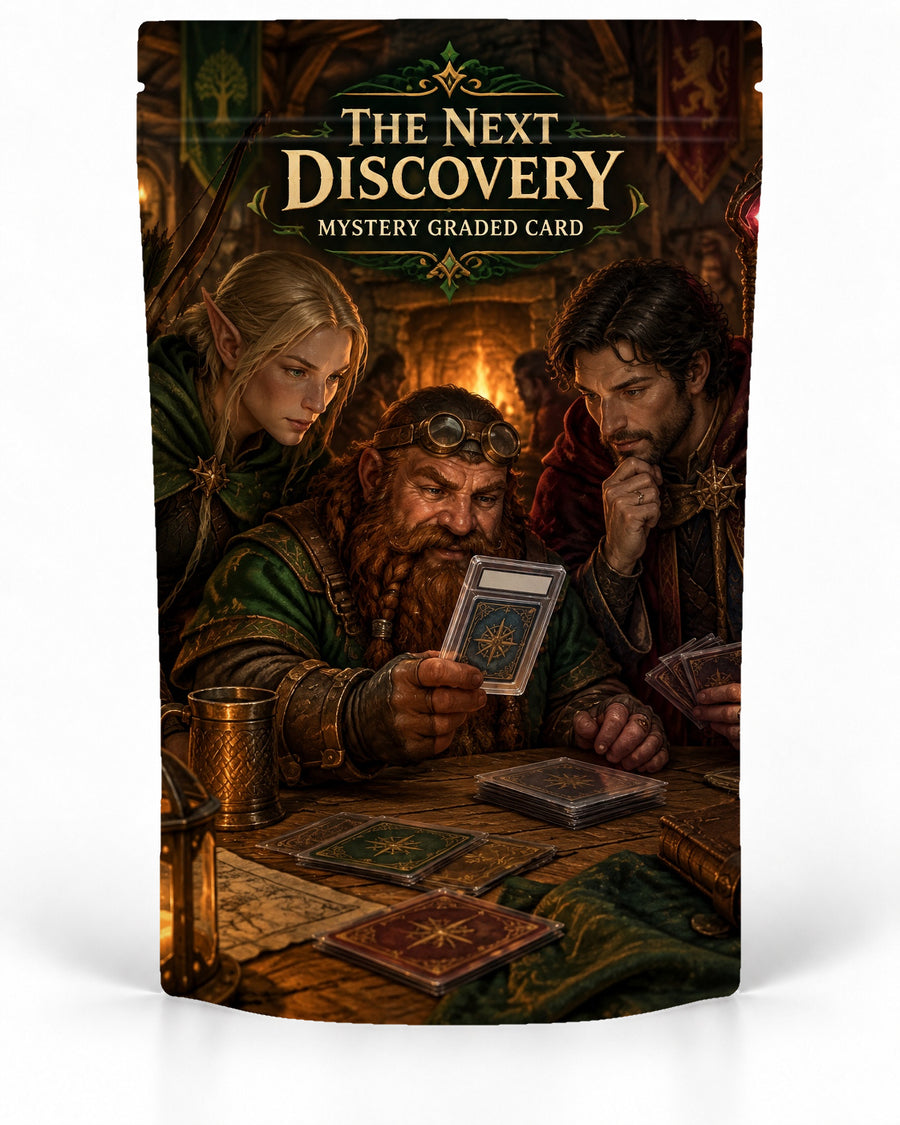 The Next Discovery direct-printed mystery slab bag mock-up featuring an elf, dwarf and human adventurer studying a graded card together at a candlelit fantasy tavern table covered with cards and maps