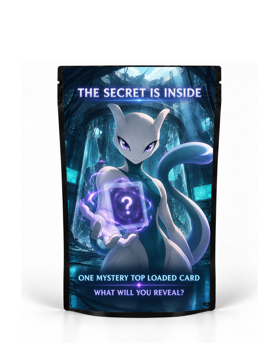 The Secret Is Inside black labelled mystery card bag by POP 1 Prints, showing a psychic-style creature holding a purple mystery orb