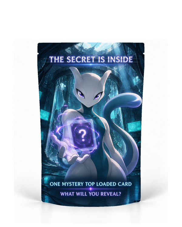 The Secret Is Inside direct-printed mystery card bag by POP 1 Prints, showing a psychic-style creature holding a purple mystery orb