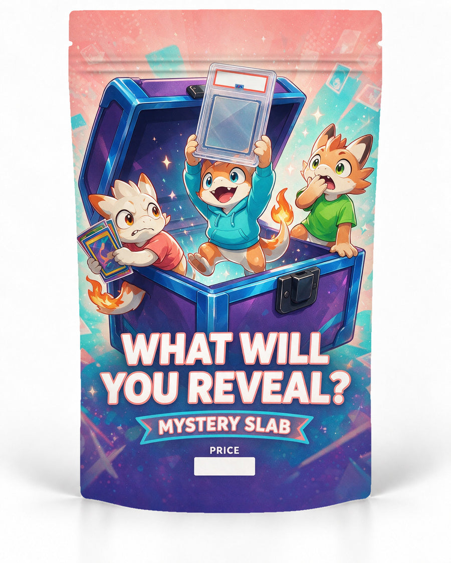 Treasure Chest Reveal direct-printed mystery slab bag mock-up featuring three playful fantasy creatures celebrating around an open blue treasure chest while one lifts a mystery graded card into the air