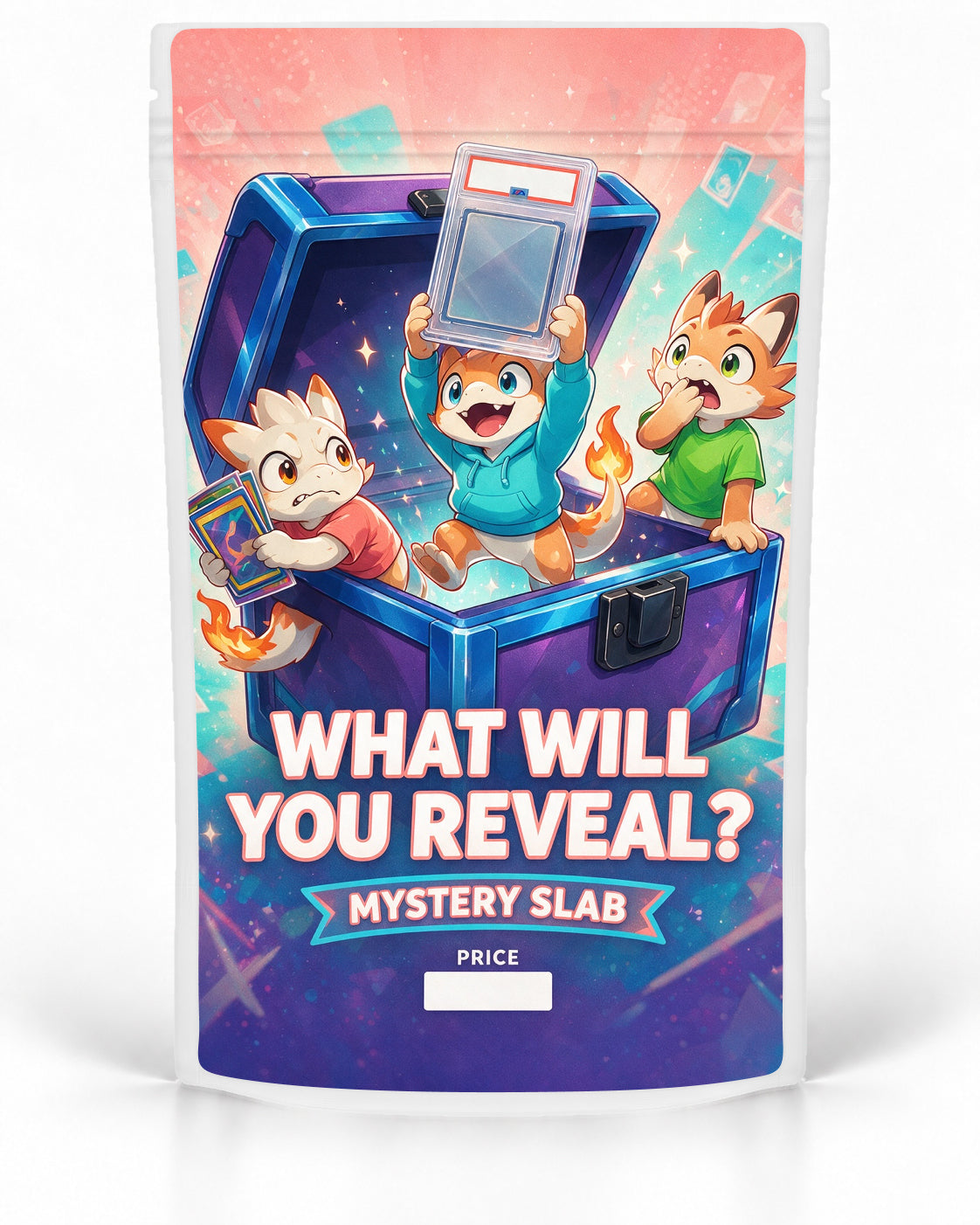 Treasure Chest Reveal mystery slab bag mock-up on a white pouch, featuring three playful fantasy creatures celebrating around an open blue treasure chest while one lifts a mystery graded card into the air