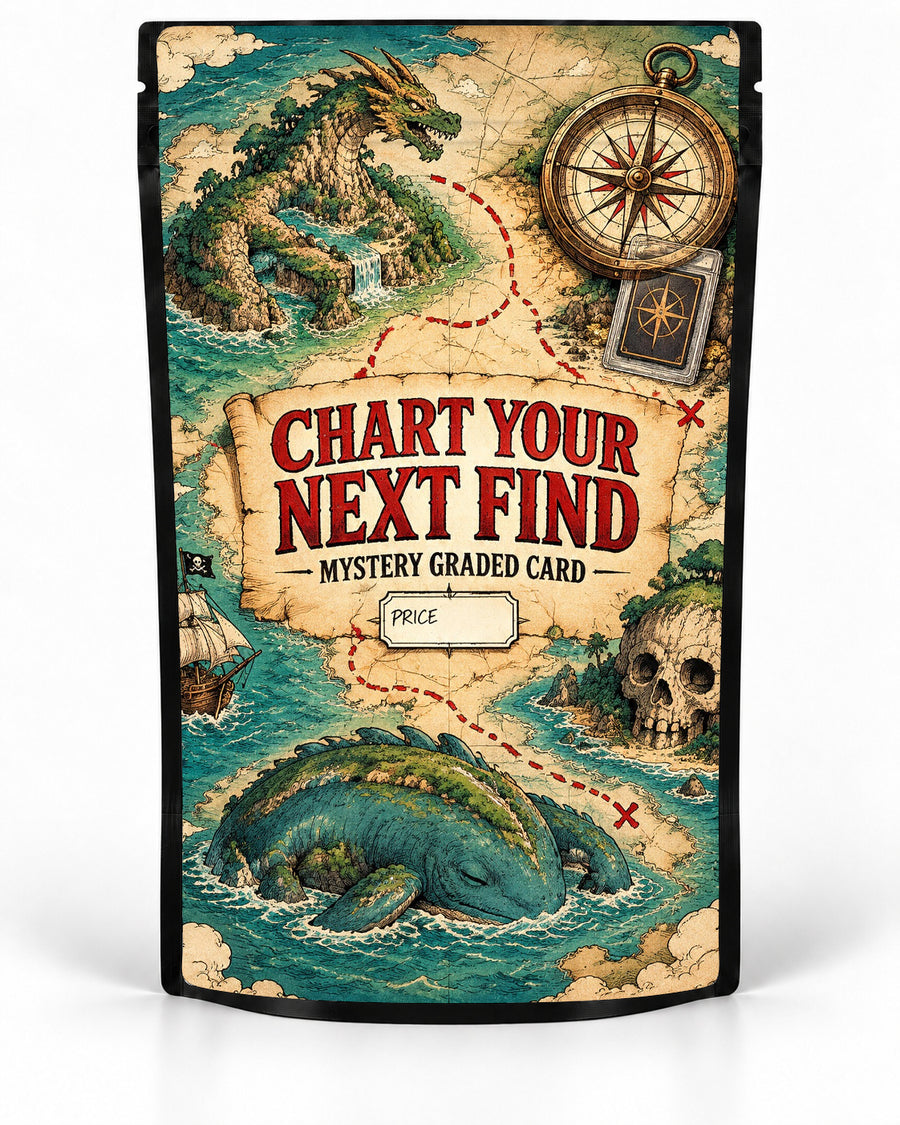 Treasure Map mystery slab bag mock-up on a black pouch, featuring a vintage treasure map with a dragon-shaped island, compass, red route, skull island and sleeping sea creature surrounding a mystery graded card
