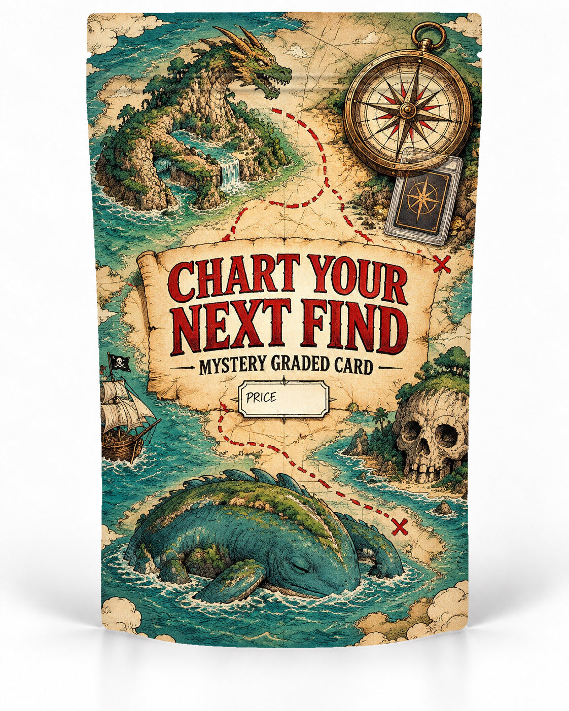 Treasure Map direct-printed mystery slab bag mock-up featuring a vintage treasure map with a dragon-shaped island, compass, red route, skull island and sleeping sea creature surrounding a mystery graded card