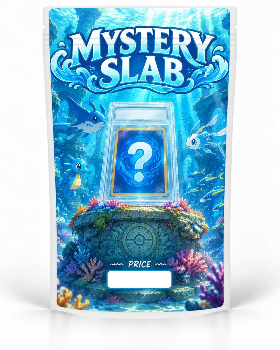 Underwater labelled Mystery Slab bag for TCG graded-card packaging