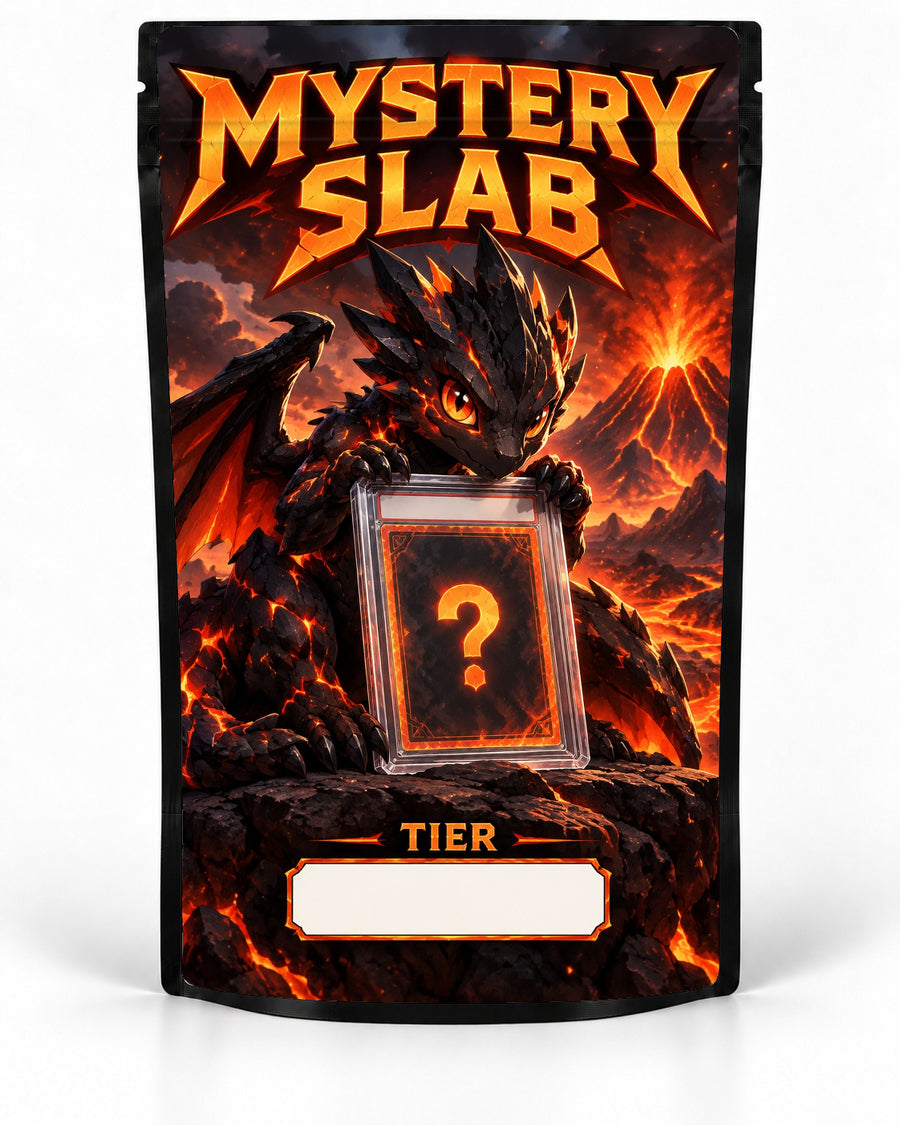 Volcanic Dragon labelled Mystery Slab bag for TCG graded-card packaging