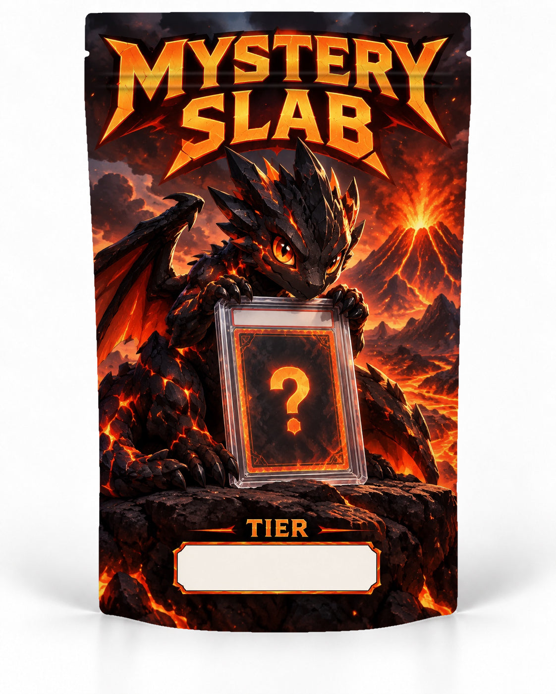 Volcanic Dragon direct-printed Mystery Slab bag for TCG graded-card packaging