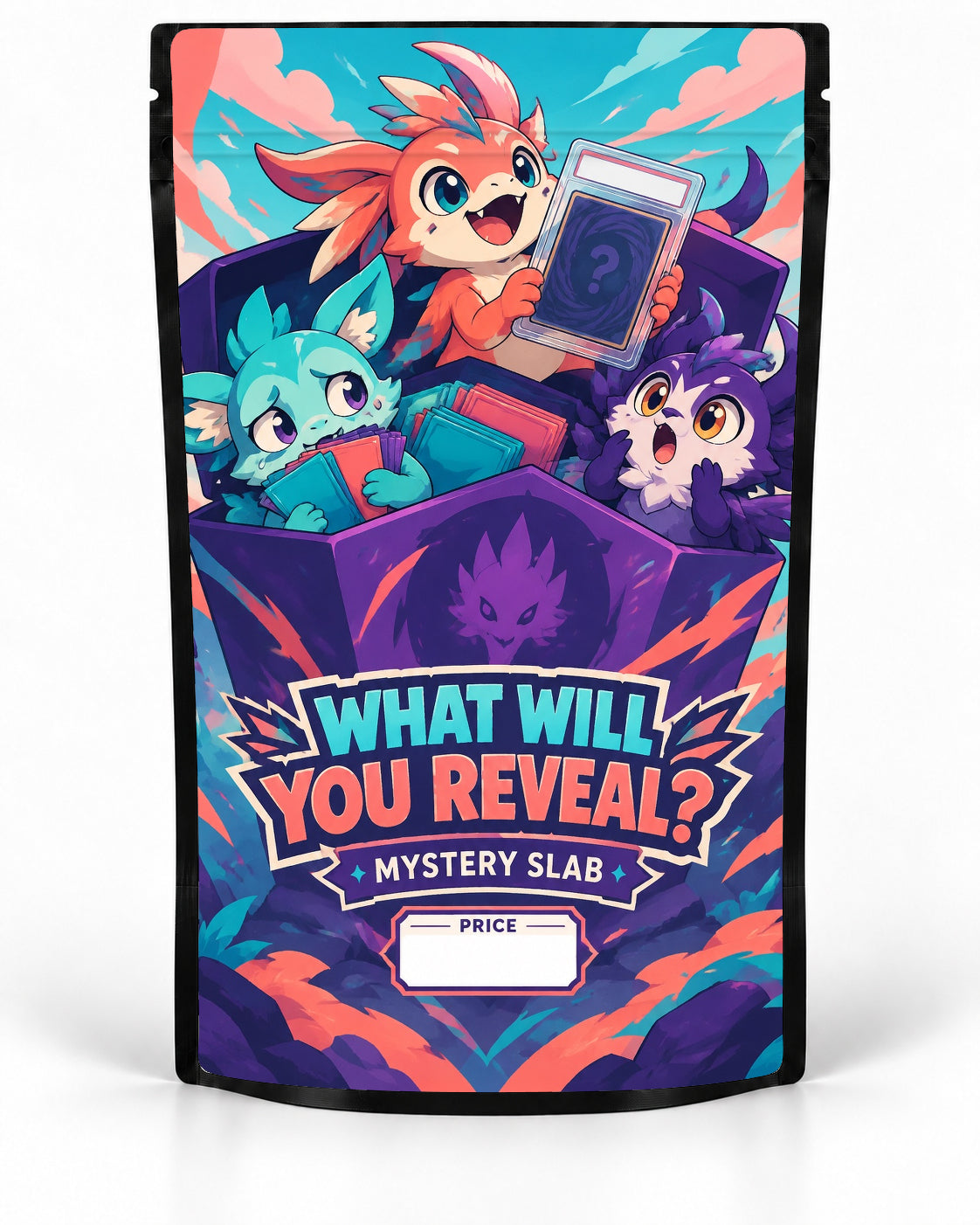What Will You Reveal mystery slab bag mock-up on a black pouch, featuring three bright creature mascots bursting from a purple card box, with one proudly holding a mystery graded card against coral, teal and purple artwork