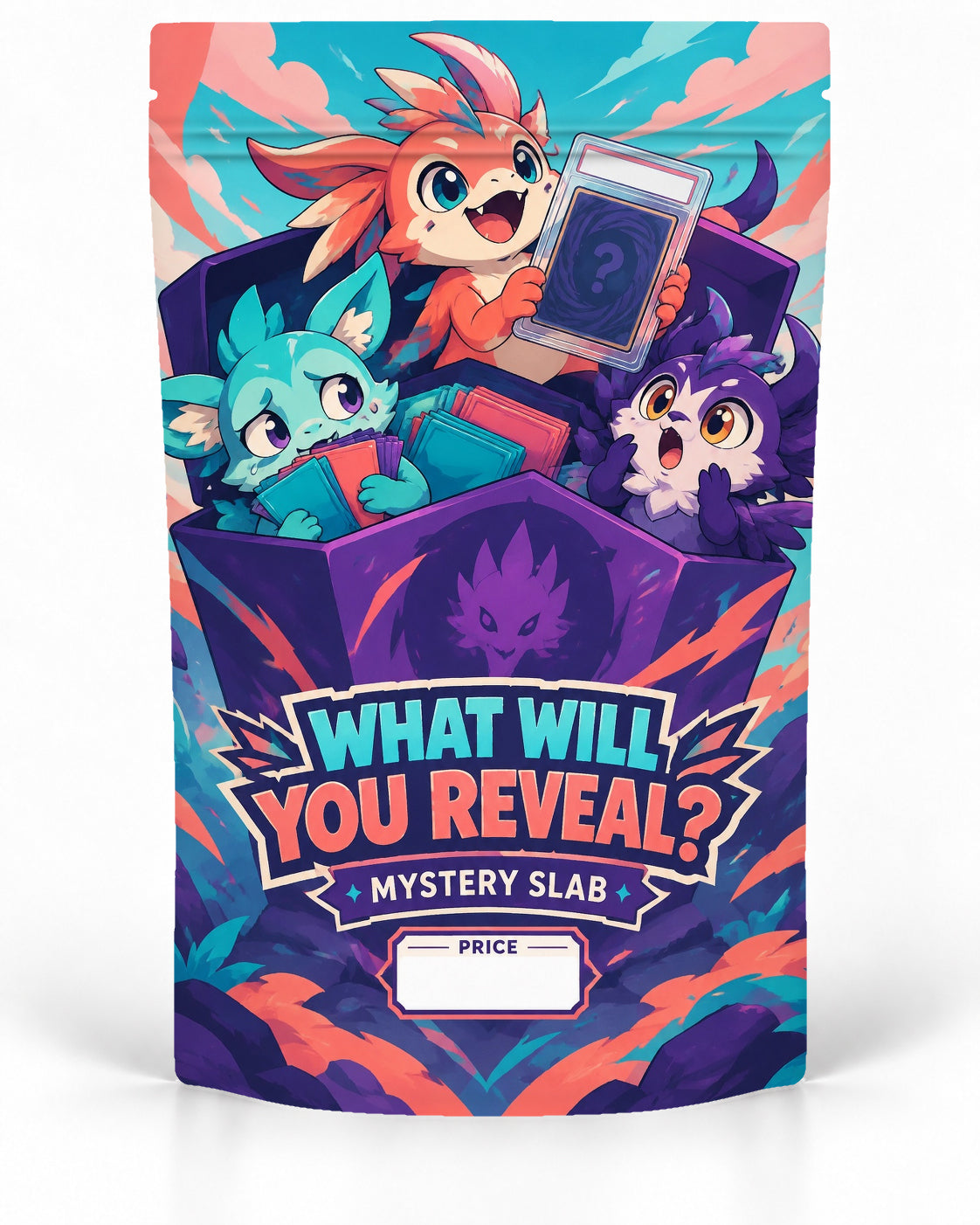 What Will You Reveal direct-printed mystery slab bag mock-up featuring three bright creature mascots bursting from a purple card box, with one proudly holding a mystery graded card against coral, teal and purple artwork