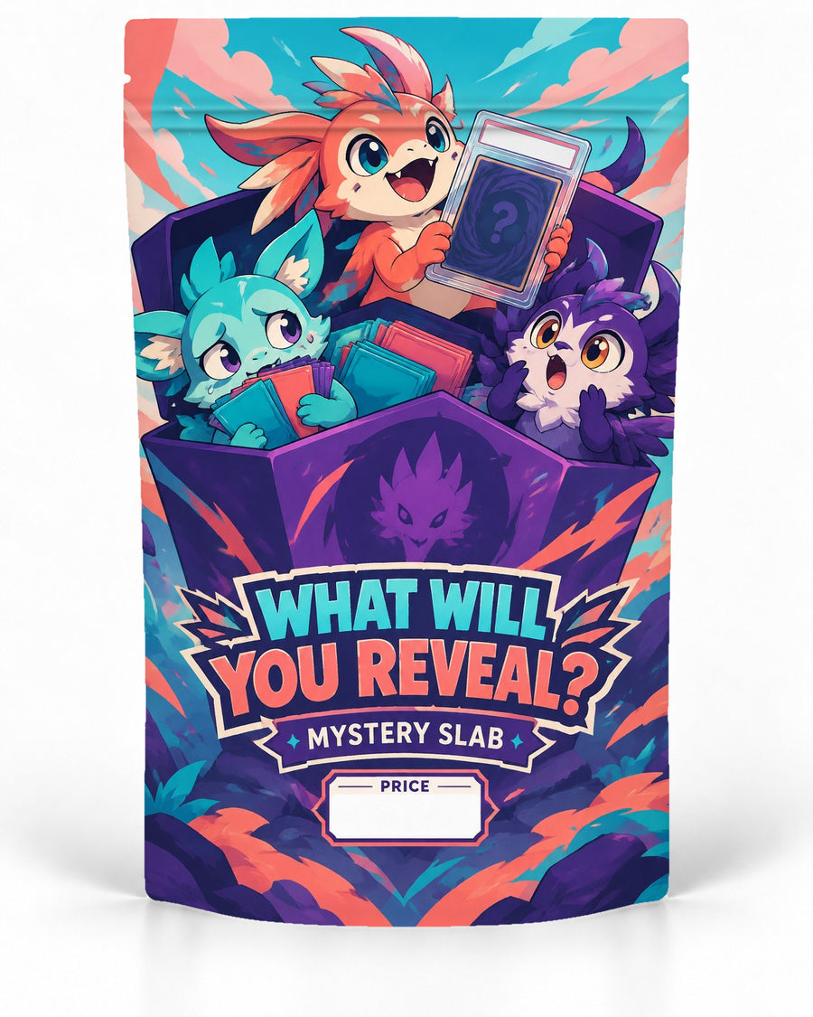 What Will You Reveal direct-printed mystery slab bag mock-up featuring three bright creature mascots bursting from a purple card box, with one proudly holding a mystery graded card against coral, teal and purple artwork