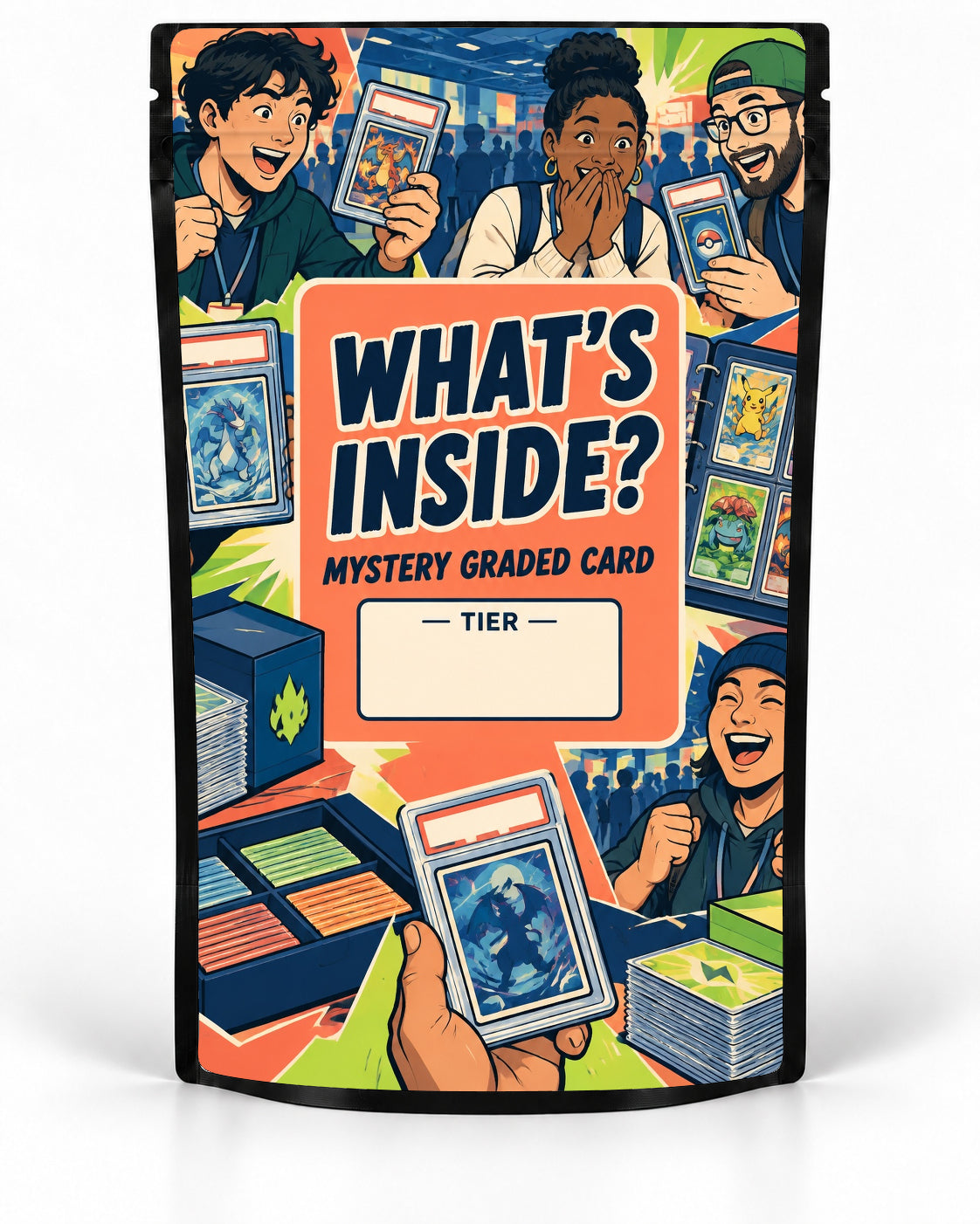 Whats Inside mystery slab bag mock-up on a black pouch, featuring a bold convention-style collage of collectors opening, holding and comparing graded cards around the headline, with bright orange, lime and navy accents