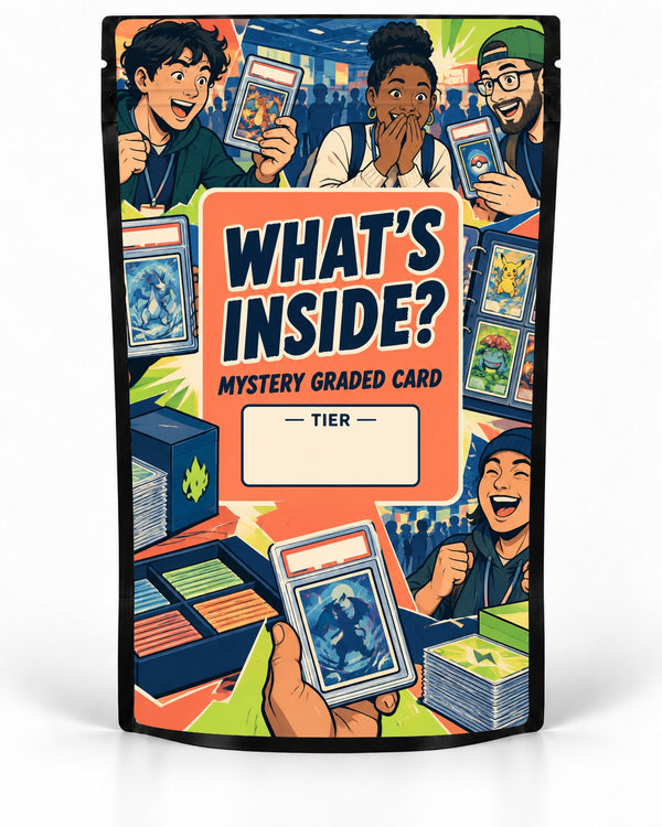 Whats Inside mystery slab bag mock-up on a black pouch, featuring a bold convention-style collage of collectors opening, holding and comparing graded cards around the headline, with bright orange, lime and navy accents